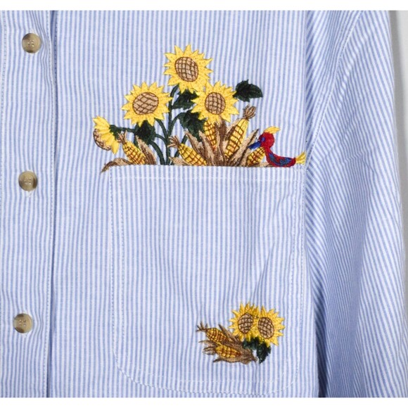 Solutions Original Embroidered Sunflower Blue & White Striped Shirt Sz M - Picture 4 of 5